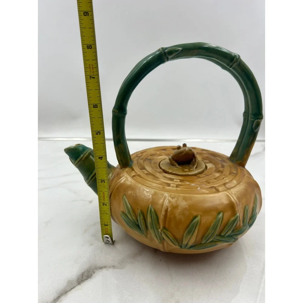 VTG Majolica Ceramic Teapot Bamboo Handle Frog Finial Yellow Green Decor